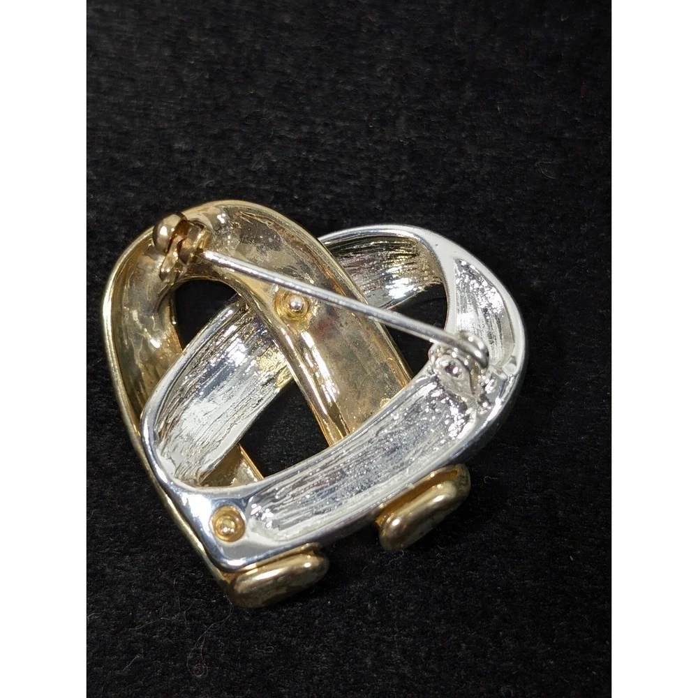 Vintage Two Tone Ribbon Heart Intertwined Brooch Pin Gold Tone Silver Tone Retro